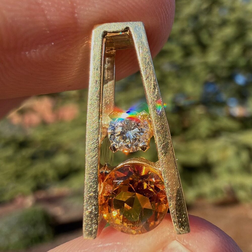 14k Solid Gold Natural Diamond & Citrine Bar Pendant -‎ 5.30g VVS1/VVS2 Color DE